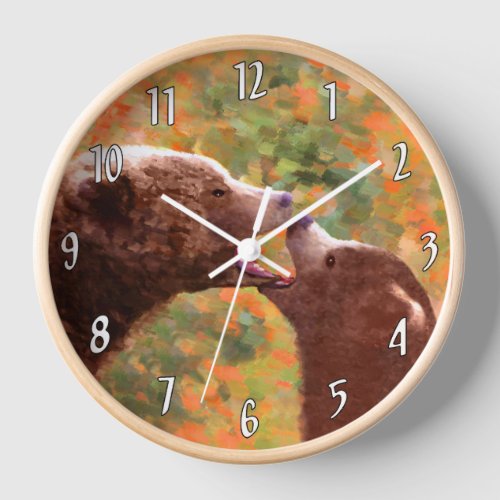 Grizzly Bear Mom and Cub Painting Wildlife Art Clock