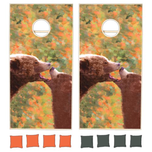 Grizzly Bear Mom and Cub Painting _ Wildlife Art Cornhole Set