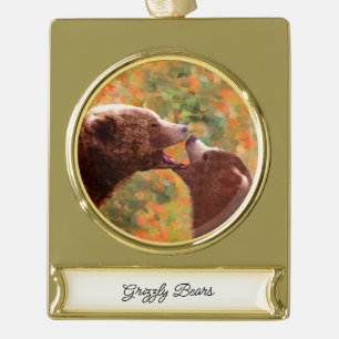 Grizzly Bear Mom and Cub Painting Wildlife Art Gold Plated Banner Ornament