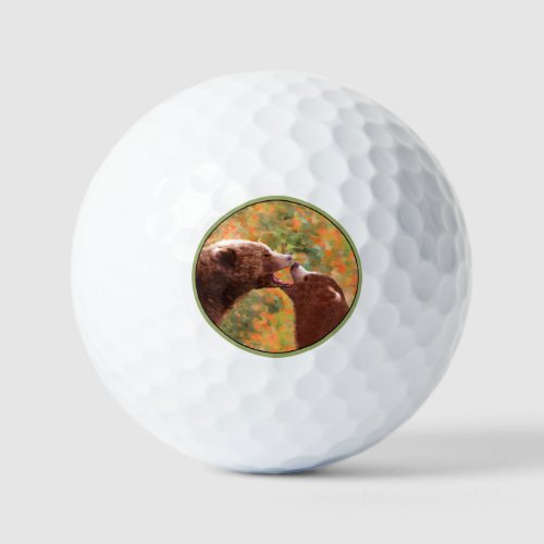 Grizzly Bear Mom and Cub Painting _ Wildlife Art Golf Balls