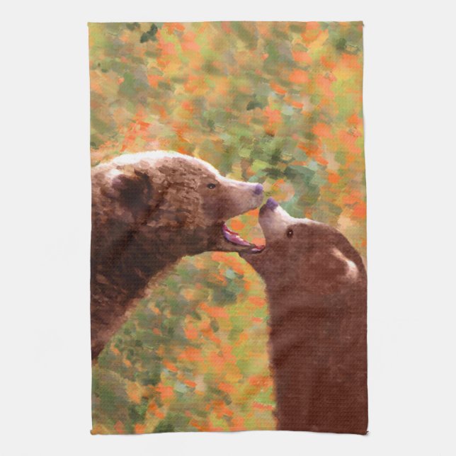 Grizzly Bear Mom and Cub Painting - Wildlife Art Kitchen Towel (Vertical)