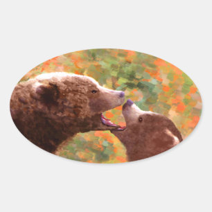 Grizzly Bear Mom and Cub Painting - Wildlife Art Oval Sticker