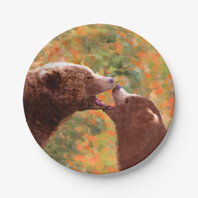 Grizzly Bear Mom and Cub Painting - Wildlife Art Paper Plates (Front)