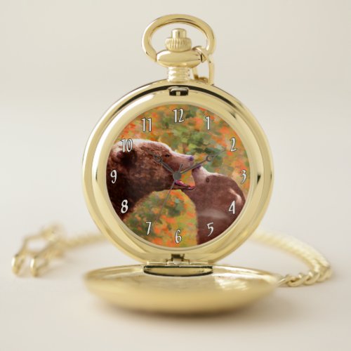 Grizzly Bear Mom and Cub Painting Wildlife Art Pocket Watch