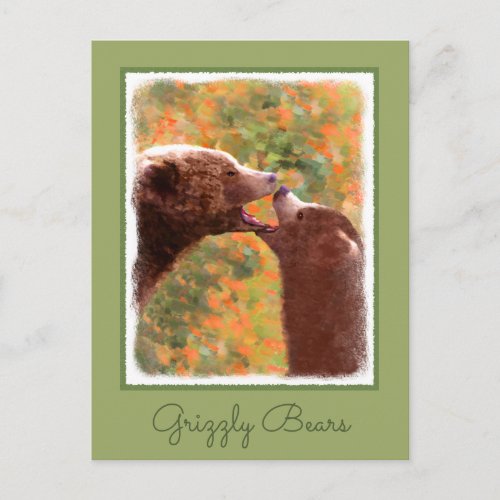 Grizzly Bear Mom and Cub Painting _ Wildlife Art Postcard