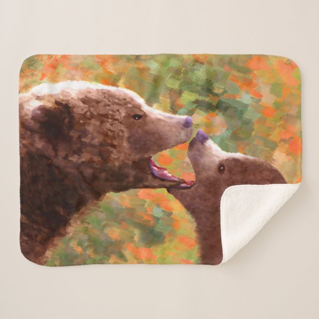 Grizzly Bear Mom and Cub Painting - Wildlife Art Sherpa Blanket (Front (Horizontal))