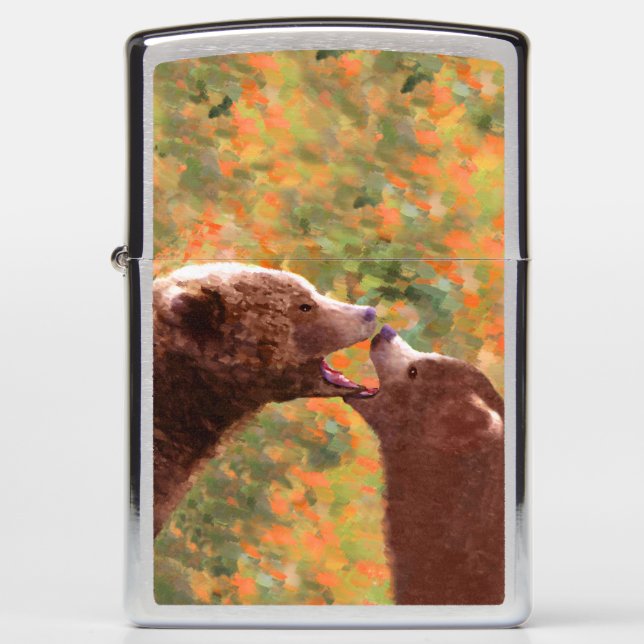 Grizzly Bear Mom and Cub Painting - Wildlife Art Zippo Lighter (Front)