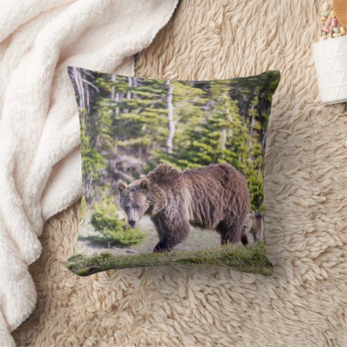 Grizzly Bear Mom Cub Montana Throw Pillow