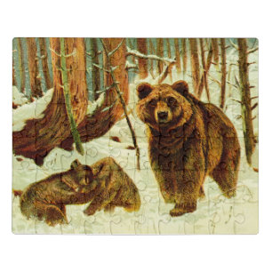 Grizzly Bear mom & cubs animal Wildlife art 1900s Jigsaw Puzzle