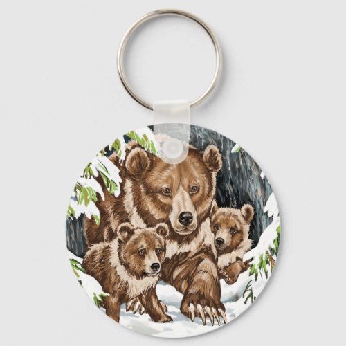 Grizzly Bear Mother and Cubs in Winter Keychain