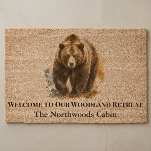 Grizzly Bear Northwoods Cabin Retreat Welcome Fiber Doormat
