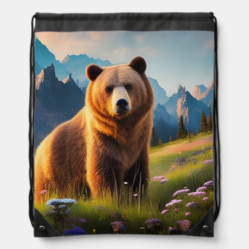 Grizzly Bear on Mountainside  Drawstring Bag