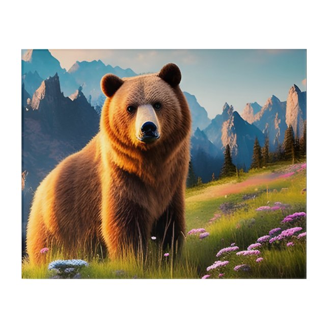 Grizzly Bear on Mountainside in flowers Acrylic Print (Front)