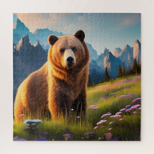 Grizzly Bear on Mountainside in flowers  Jigsaw Puzzle