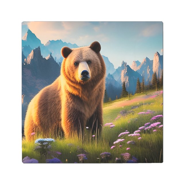 Grizzly Bear on Mountainside in flowers  Metal Print (Front)