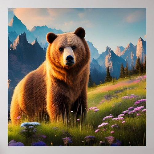 Grizzly Bear on Mountainside in flowers Poster