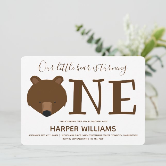 Grizzly Bear One Animal 1st Birthday Invitation (Standing Front)