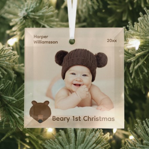 Grizzly Bear Photo Baby First Christmas Glass Ornament