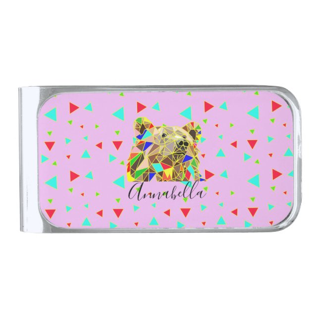 Grizzly Bear Pink Silver Finish Money Clip (Front)