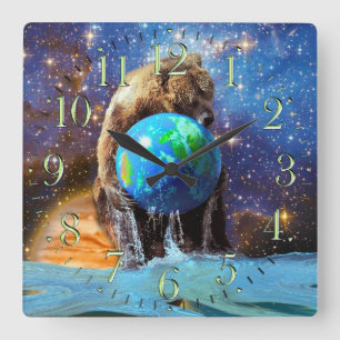 Grizzly Bear & Planet Earth Fantasy Art Clock