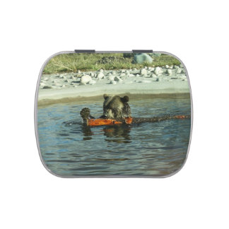 Grizzly Bear Playing with Log Candy Tin