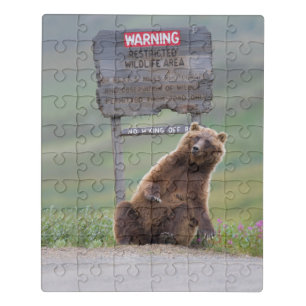 Grizzly Bear Plays With Sign Jigsaw Puzzle