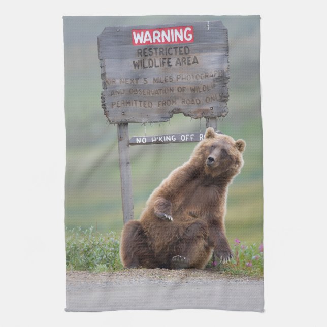 Grizzly Bear Plays With Sign Kitchen Towel (Vertical)