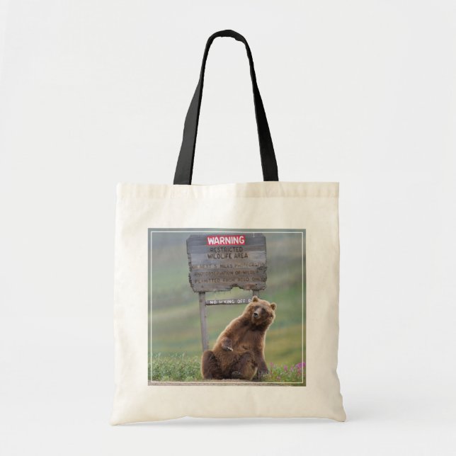 Grizzly Bear Plays With Sign Tote Bag (Front)