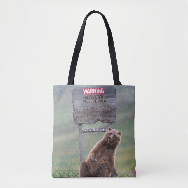 Grizzly Bear Plays With Sign Tote Bag (Front)