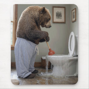 Grizzly Bear Plunging an Overflowing Toilet Mouse Pad