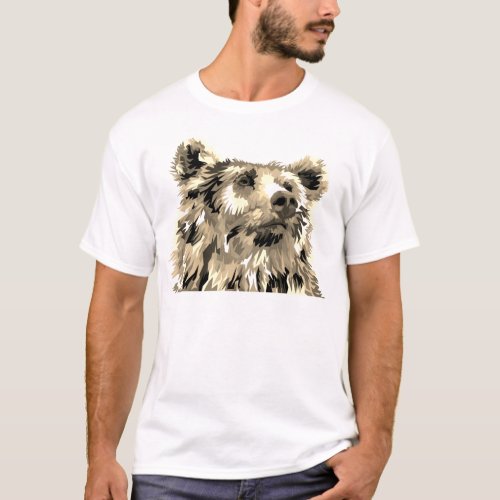 Grizzly bear pop art brown black white T_Shirt