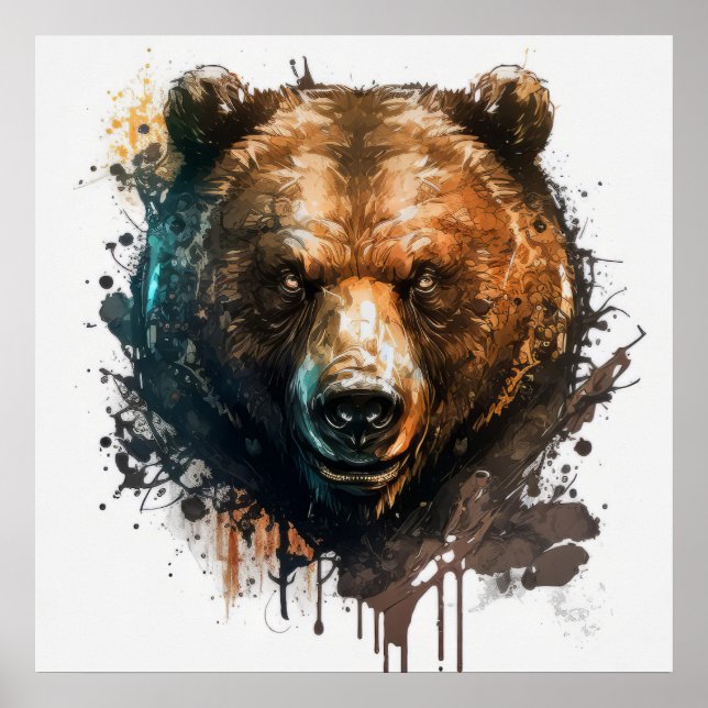 Grizzly Bear Portrait Animal Painting Wildlife Art Poster (Front)