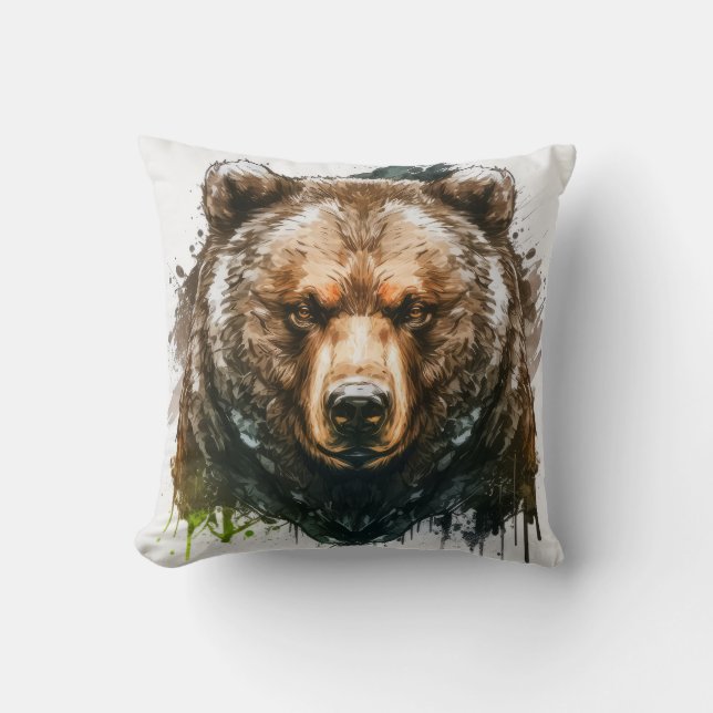 Grizzly Bear Portrait Animal Painting Wildlife Art Throw Pillow (Front)