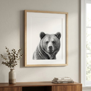 Grizzly Bear Portrait  Black white Poster