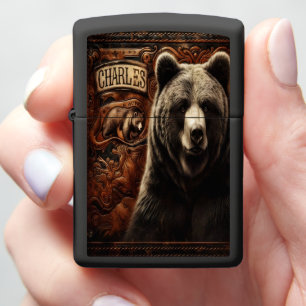 Grizzly Bear Portrait Embroidered on Leather Zippo Lighter