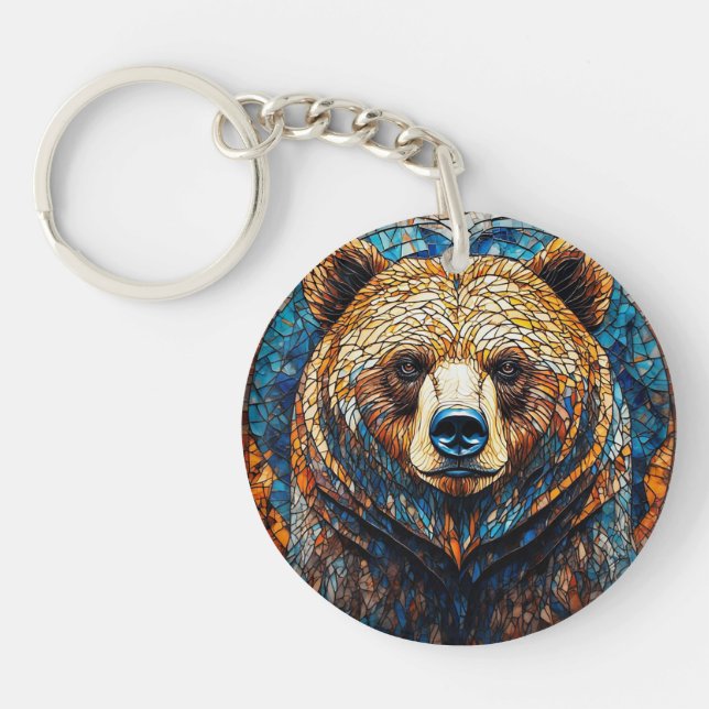 Grizzly Bear Portrait in a Stained Glass Art Keychain (Front)