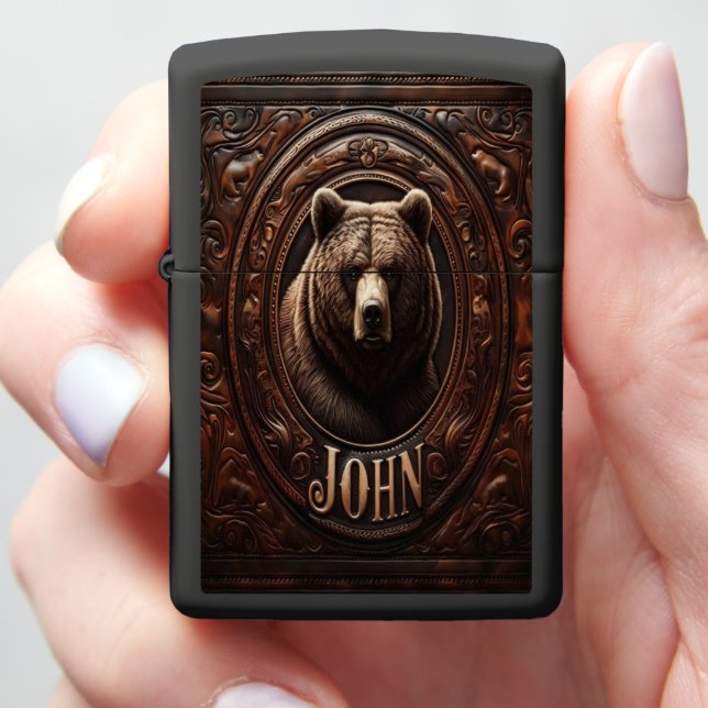 Grizzly Bear Portrait in Carved Leather Zippo Lighter (In Hand)