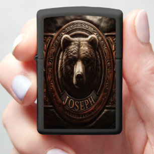 Grizzly Bear Portrait in Leather Carving Joseph Zippo Lighter