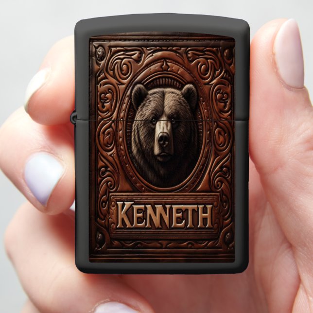 Grizzly Bear Portrait In Leather Frame Kenneth Zippo Lighter (In Hand)