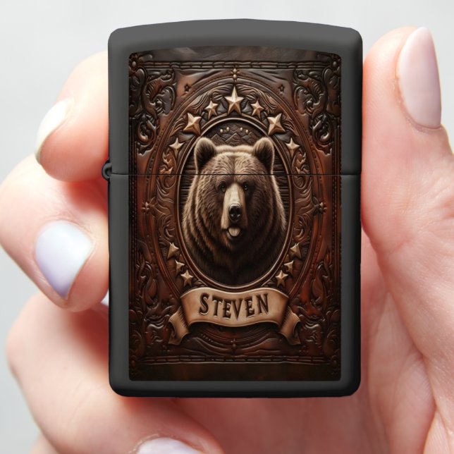 Grizzly Bear Portrait in Leather Zippo Lighter (In Hand)