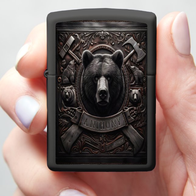 Grizzly Bear Portrait In Ornate Frame Zippo Lighter (In Hand)
