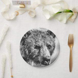Grizzly bear portrait paper plates