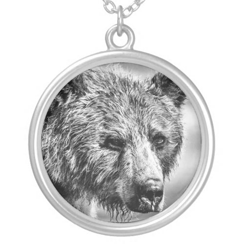 Grizzly bear portrait silver plated necklace