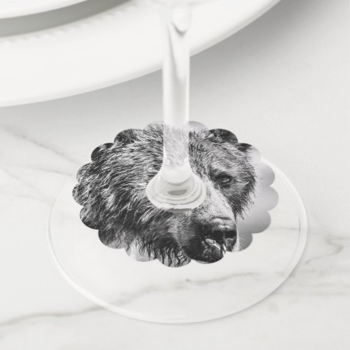 Grizzly bear portrait wine glass tag