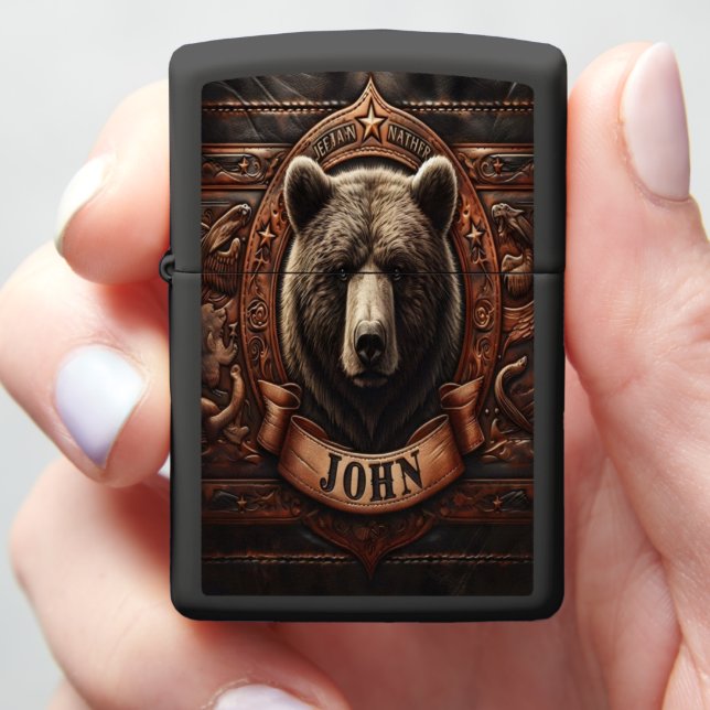 Grizzly Bear Portrait With Western Design Zippo Lighter (In Hand)