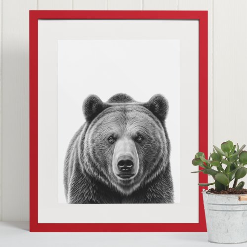Grizzly Bear Portrait  Woodland Black white  Poster