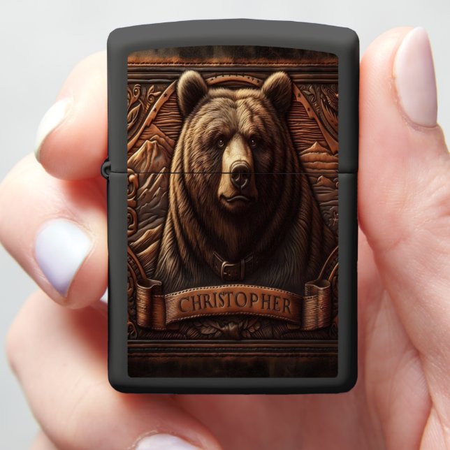 Grizzly Bear Portrait Zippo Lighter (In Hand)