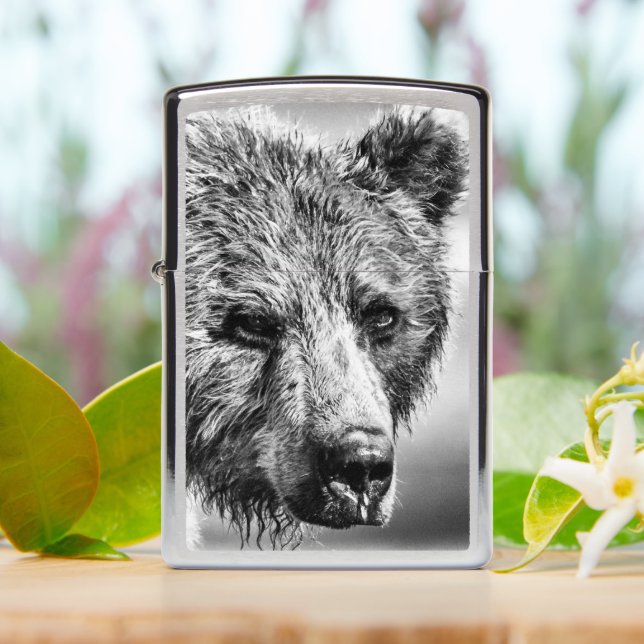 Grizzly bear portrait zippo lighter (On Table)