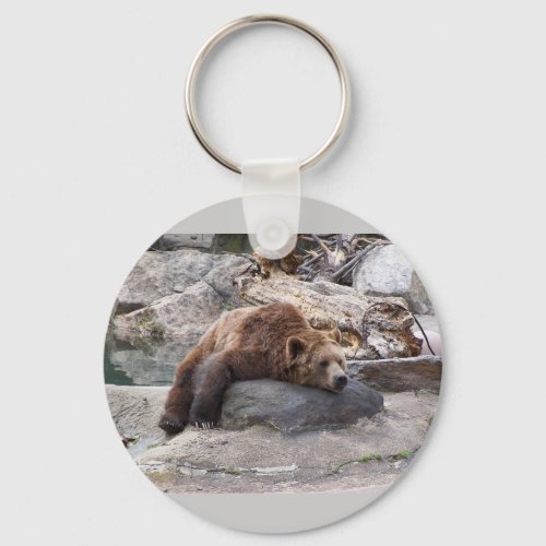 Grizzly Bear Resting On Rock Keychain