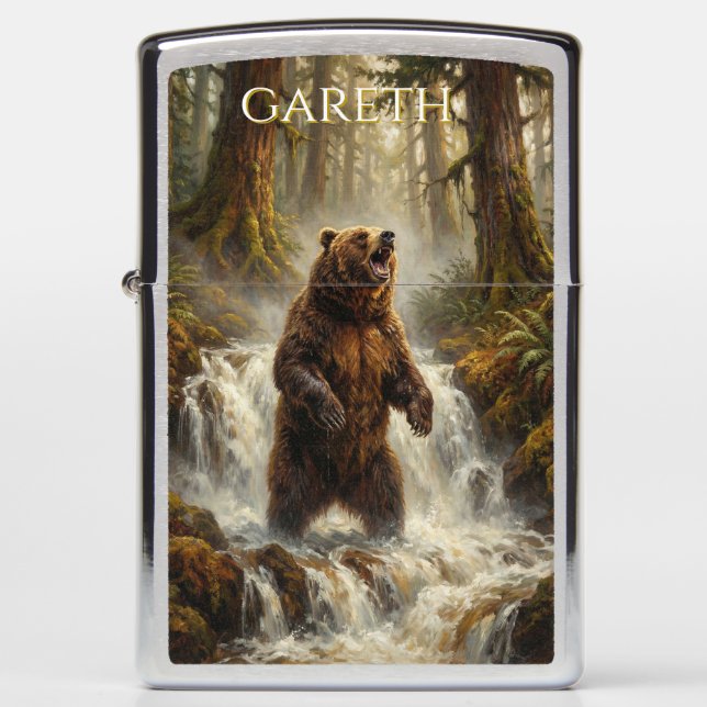 Grizzly Bear Roaring Waterfall Pacific Northwest Zippo Lighter (Front)